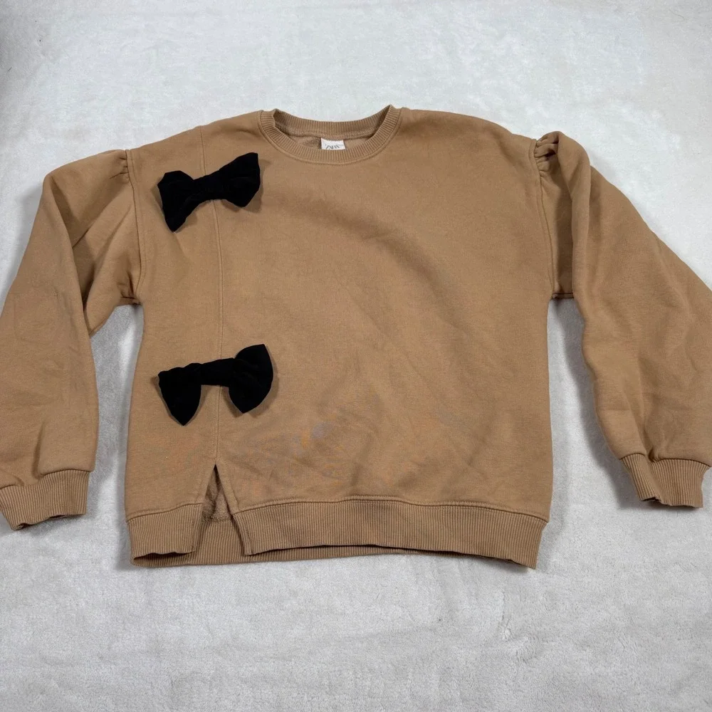 Zara Girl Tan Bow Sweatshirt Puffed Shoulder Fleece Pullover Camel Brown Size 14